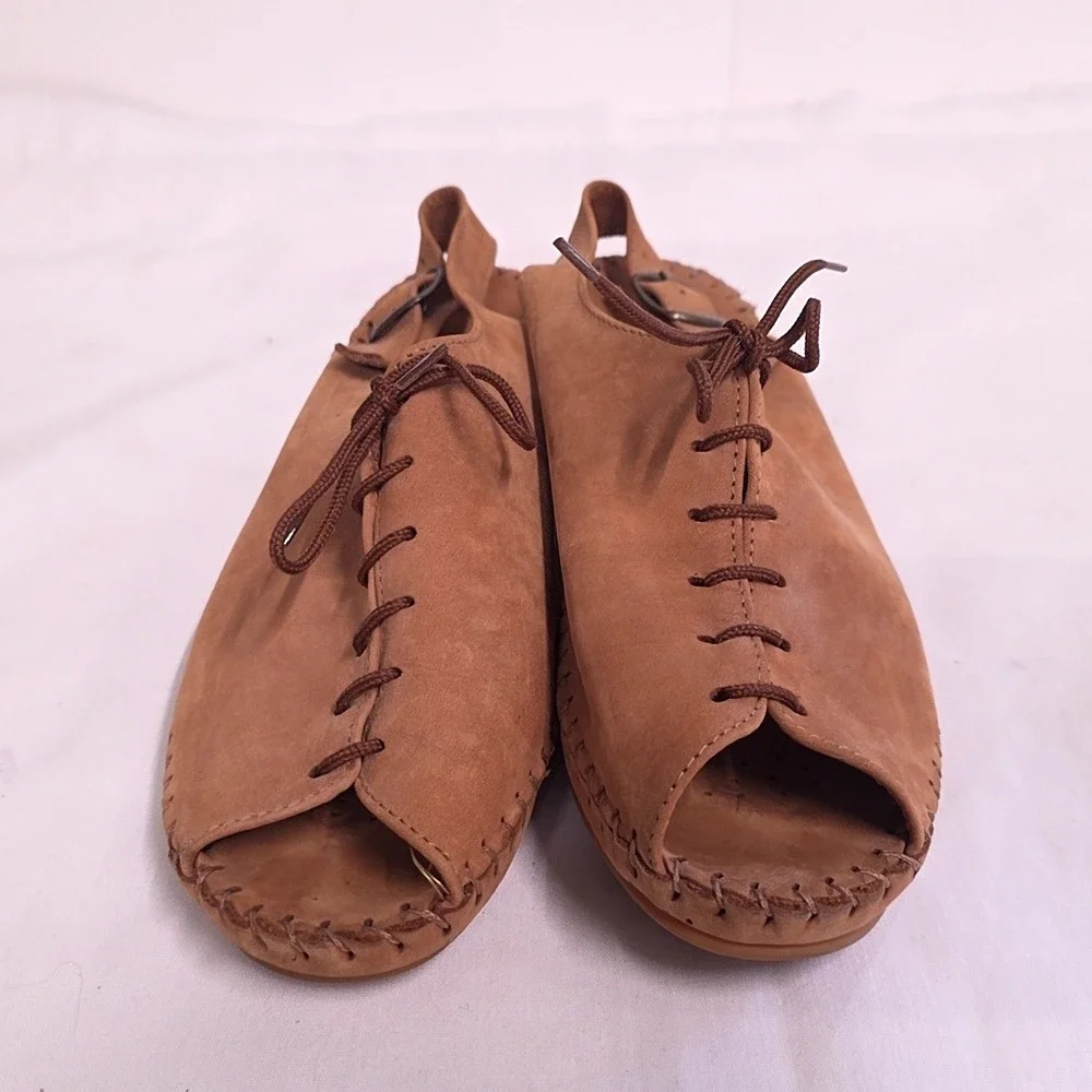 La Plume Wedge Sandals Womens 39 Tan Leather Lace Up Peep Toe Slingback Italy